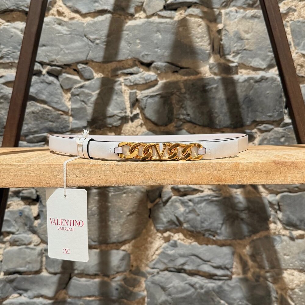 Valentino White Leather Gold Chain VLogo Belt